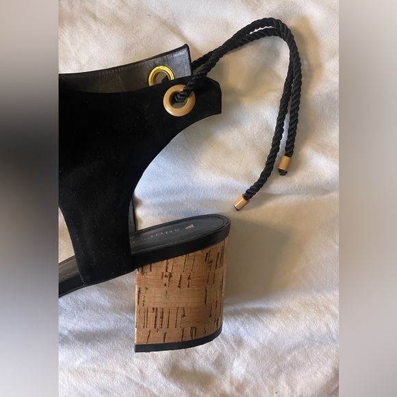 Shoes Of Prey Black Leather Suede Low Block Cork Heel Ankle Ties SZ US 12 Custom - Picture 7 of 15